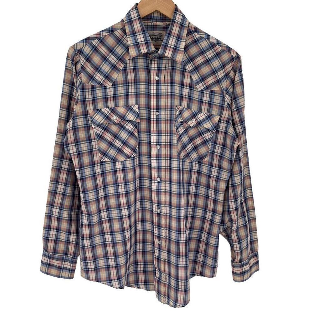 Vintage Levi's Plaid‎ Pearl Snap Button Up Long Sleeve Western Shirt Men Medium